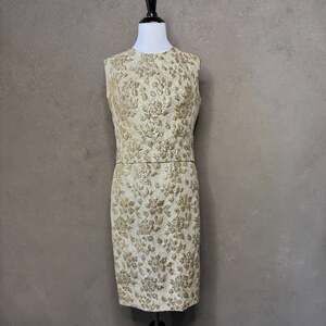 1960s Morlove Gold Metallic Brocade 2pc Top Skirt Set Cocktail Party Dress M